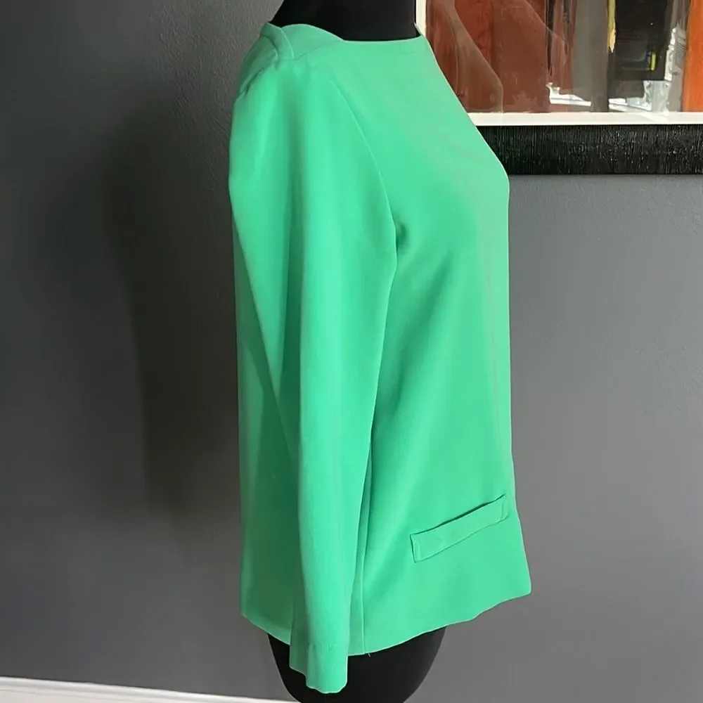 Ann Taylor LOFT bright mint boatneck 3/4 sleeve crepe dropped welted pockets top - Picture 4 of 6